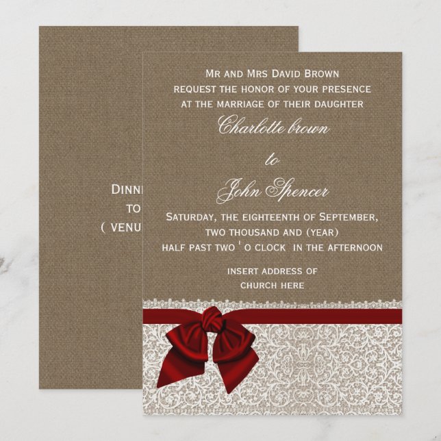 Invitation Dentelle russe Mariage rouge (Devant / Derrière)