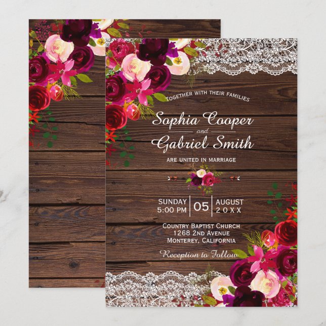 Invitation Dentelle Rustique Bourgogne Florale | Mariage camp (Devant / Derrière)