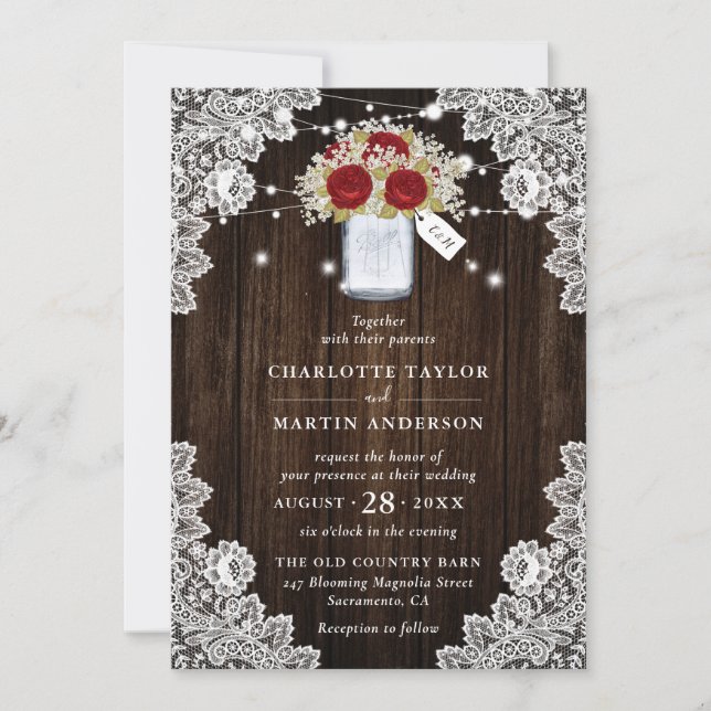 Invitation Dentelle rustique en bois Rouge Rose Mariage du so (Devant)