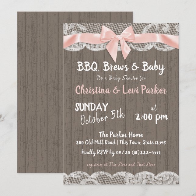 Invitation Dentelle rustique et Baby shower en bois (Devant / Derrière)