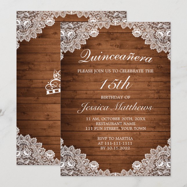 Invitation Dentelle rustique et blanche Tiara Quinceañera (Devant / Derrière)