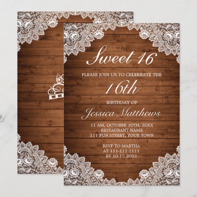 Invitation Dentelle rustique et blanche Tiara Sweet 16 (Devant / Derrière)