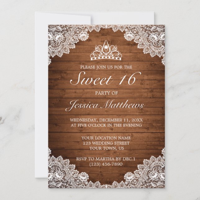 Invitation Dentelle rustique et blanche Tiara Sweet 16 (Devant)