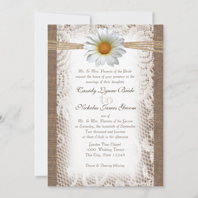 Invitation Dentelle rustique et Burlap avec Daisy comme Gazan (Devant)