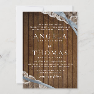 Invitation Dentelle rustique et Mariage en bois de grange