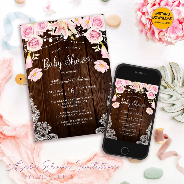 Invitation Dentelle Rustique Lumière Baby shower Floral (Créateur téléchargé)