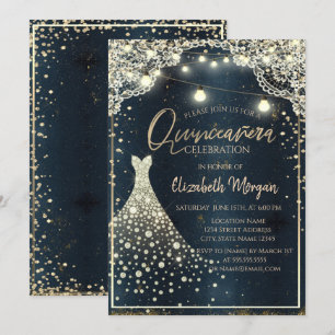 Invitation Dentelle Rustique, Lumières, Robe en Diamants Bleu