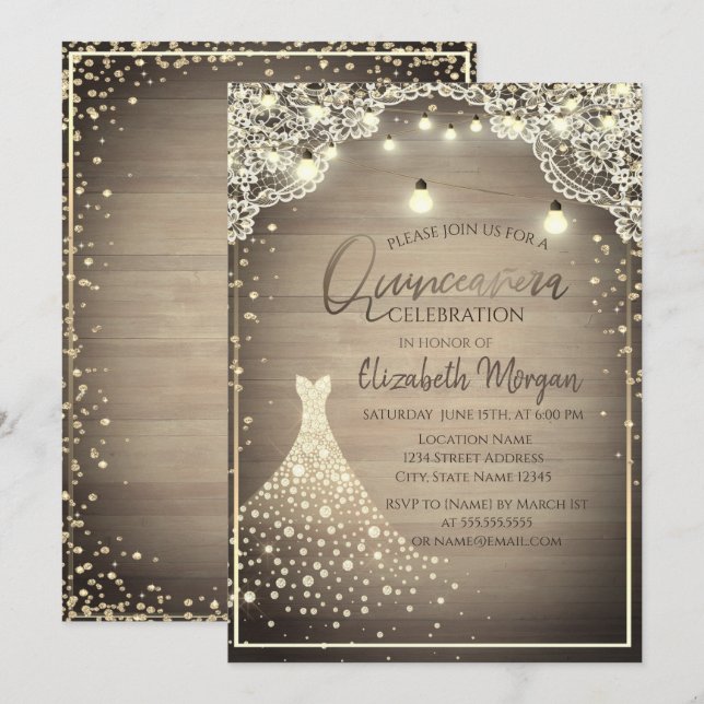 Invitation Dentelle rustique, Lumières, Robe en Diamants de B (Devant / Derrière)