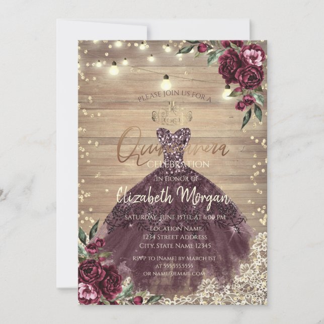 Invitation Dentelle rustique, Lumières, Robe, Rose Wood Quinc (Devant)