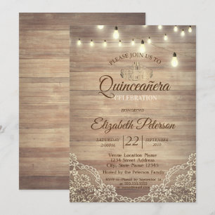 Invitation Dentelle rustique, Lumières, Tiara, Parti Quinceañ