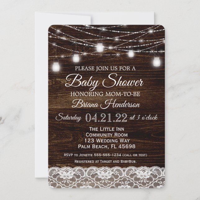 Invitation Dentelle rustique Mason Jar Baby shower (Devant)