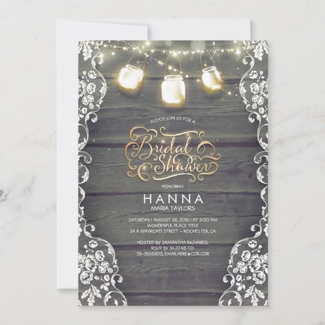 Invitation Dentelle rustique Mason Jar Lumières Fête des mari (Devant)