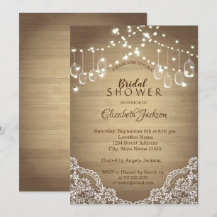 Invitation Dentelle rustique, pot Mason, guirlandes lumineuse