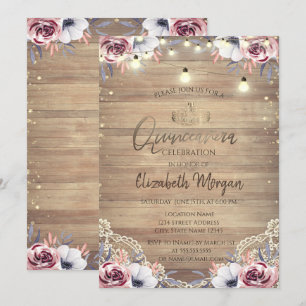 Invitation Dentelle rustique, Tiara, Lumières, Roses de bois