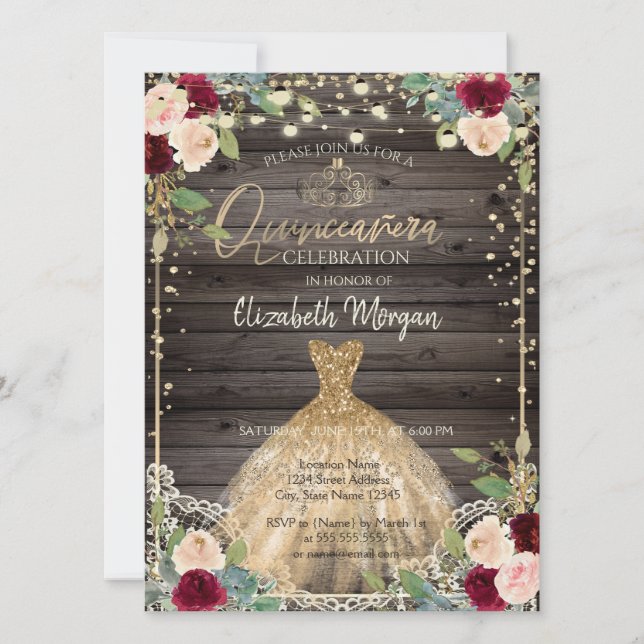 Invitation Dentelle, Tiara, Robe, Rose en bois foncé Quinceañ (Devant)