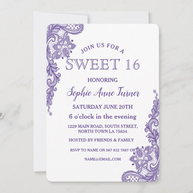 Invitation Dentelle ultra violette moderne SWEET 16 (Devant)