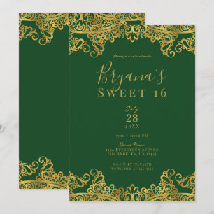 Invitation Dentelle vert foncé et or élégant Sweet 16 Party
