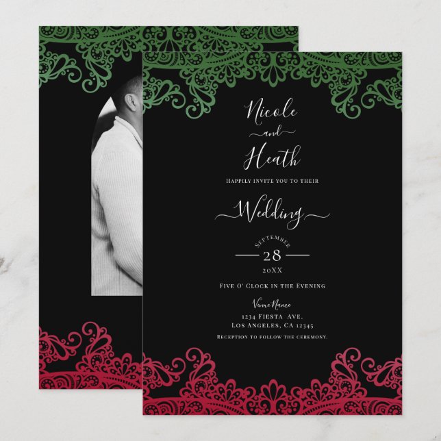 Invitation Dentelle verte et rouge Élégante Fiesta Mariage no (Devant / Derrière)