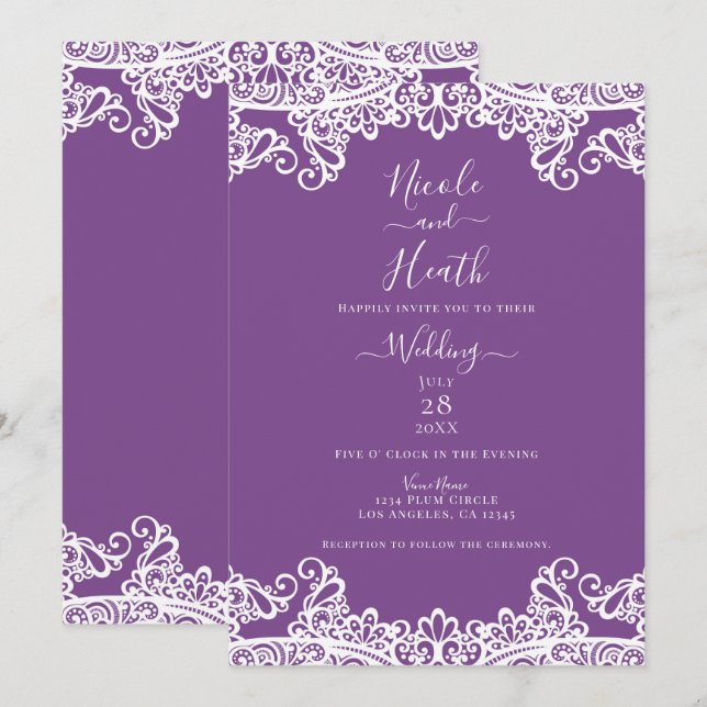 Invitation Dentelle violette et blanche Mariage élégant (Devant / Derrière)