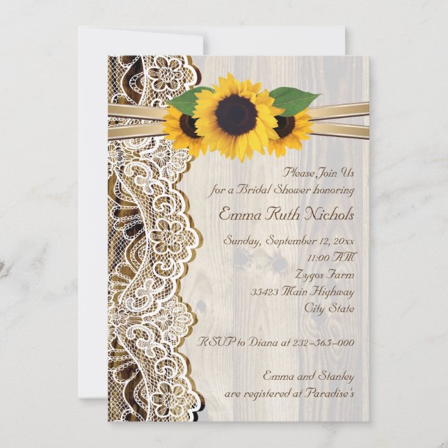 Invitation Dentelles et tournesols sur bois mariage douche nu (Devant)