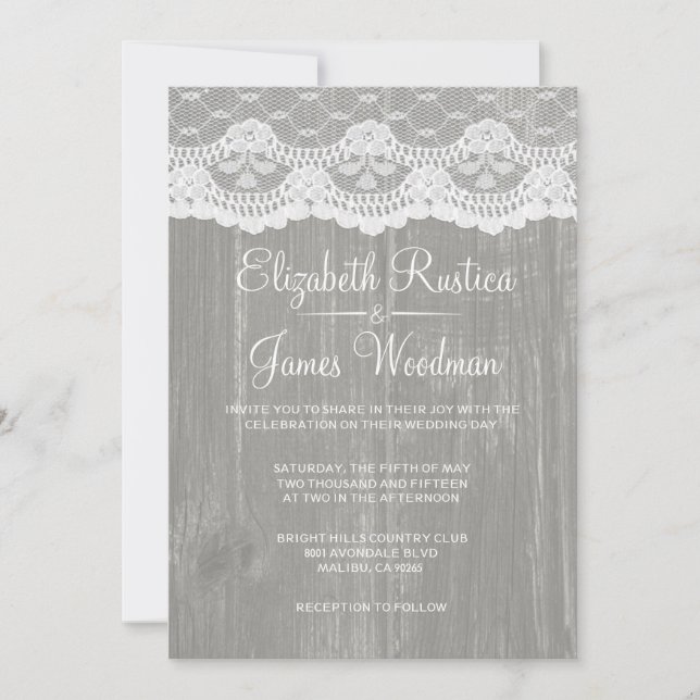 Invitation Dentelles rustiques grises et mariage en bois de g (Devant)