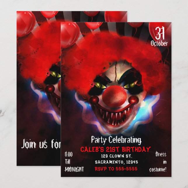 Invitation Déplaisant Clown tueur effrayant Halloween fête d' (Devant / Derrière)