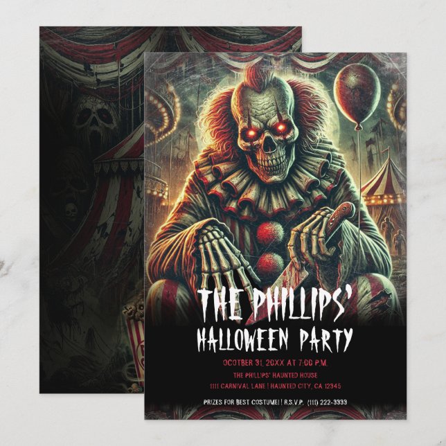 Invitation Déplaisante Fête d'Halloween Clown de Carnaval d'h (Devant / Derrière)