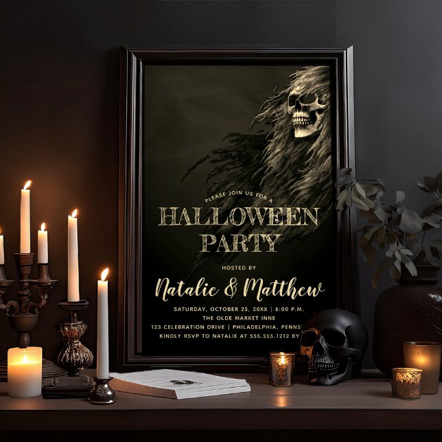 Invitation Déplaisante Halloween Halloween Soirée (Eerie Night, Creepy, Scary Hairy Skull Adult Halloween Party Invitation)