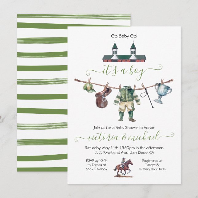 Invitation Derby Horse Racing Baby shower Clothesline (Devant / Derrière)