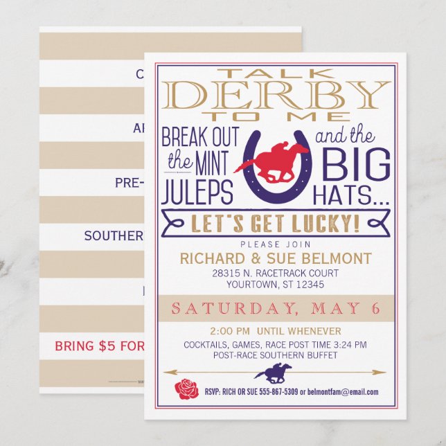 Invitation Derby Horse Racing Party Blue/Red/Gold (Devant / Derrière)