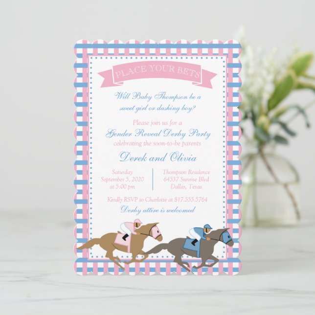 Invitation Derby Party Baby shower de révélation de genre Inv (Debout devant)