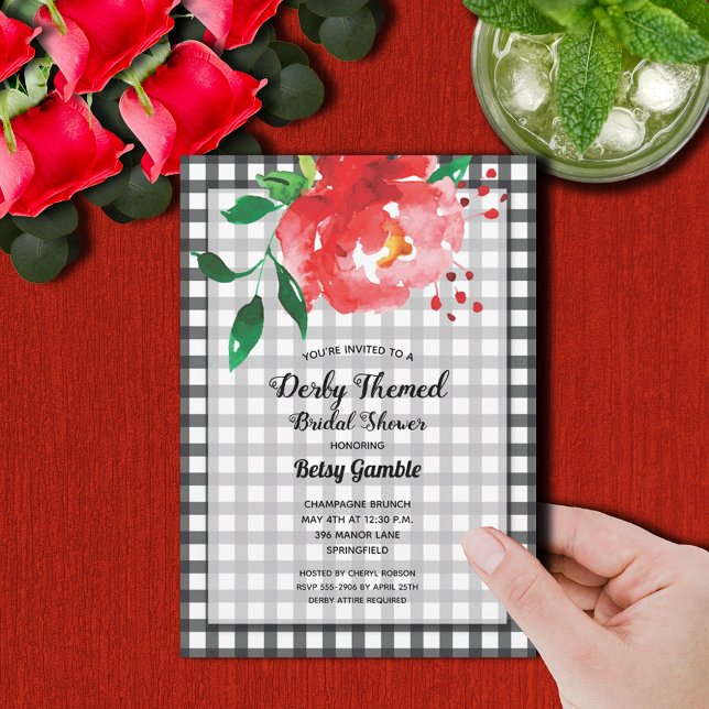 Invitation Derby Rose En vichy Fête des mariées (Red rose on black and white gingham Derby-themed bridal shower invitations)