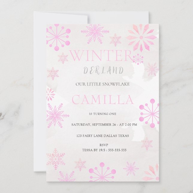 Invitation Derland hiver moderne fille rose 1er anniversaire (Devant)