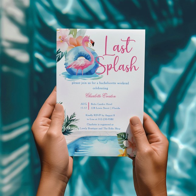 Invitation Dernier Bain Flamant Rose Enterrement de Vie de Je (Last Splash Pool pool watercolor Pink flamingo tropical flower Bachelorette Weekend Invitation)