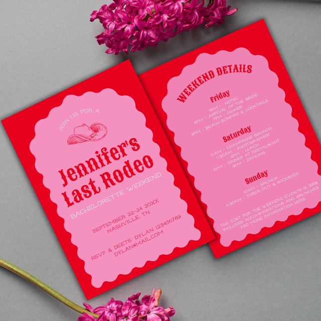 Invitation Dernier Rodeo Cowgirl Bold Red & Pink Bach Week-en (Last Rodeo Cowgirl Bold Red & Pink Bach Weekend Invitation)
