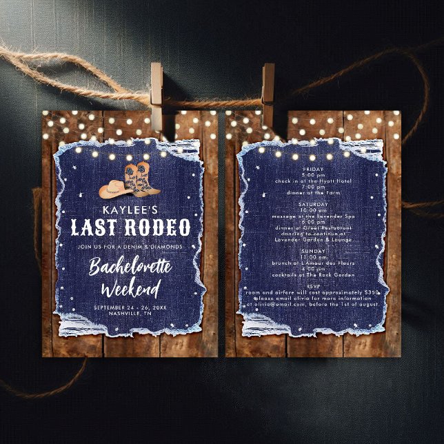 Invitation Dernier Rodeo Denim Diamonds Cowgirl Bachelorette (denim and diamonds bachelorette party invitation itinerary rustic wood blue white cowgirl hoedown)