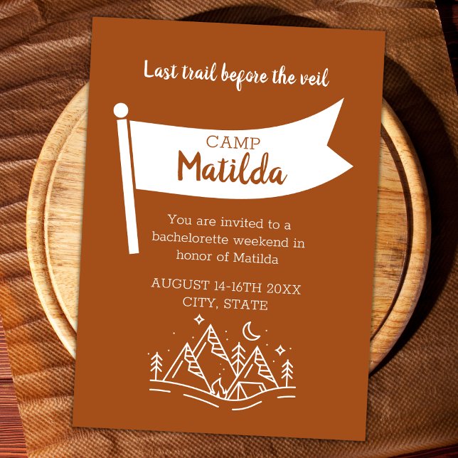 Invitation Dernier Sentier Avant Le Sentier Camping Bachelore (Last trail before the veil camping bachelorette weekend itinerary camp flag rustic orange camp bach)