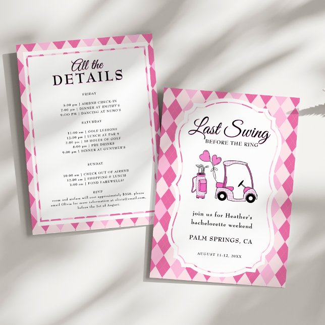 Invitation Dernier Swing Pink Jacquard Golf Bachelorette (Last Swing Before the Ring! Pink Argyle Golf-Themed Bachelorette Weekend Invitation)