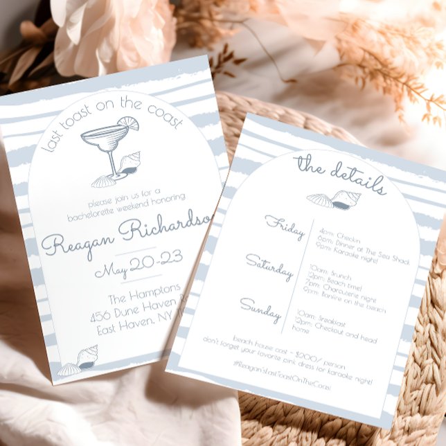 Invitation Dernier toast sur la plage de la Côte Bachelorette ("last toast on the coast" blue nautical beach bachelorette party girls weekend invitation sea shell )