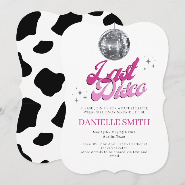 Invitation Dernière Disco Bachelorette Party Thème Vache impr (Devant / Derrière)