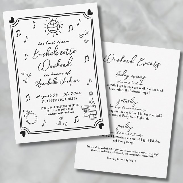 Invitation Dernière Disco Main Drake Bachelorette Party (Last Disco Hand Drawn Bachelorette Party Invitation)