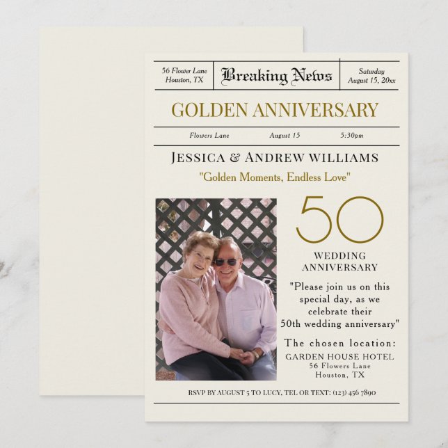 Invitation "Dernière heure" Anniversaire du Mariage d'or Phot (Devant / Derrière)