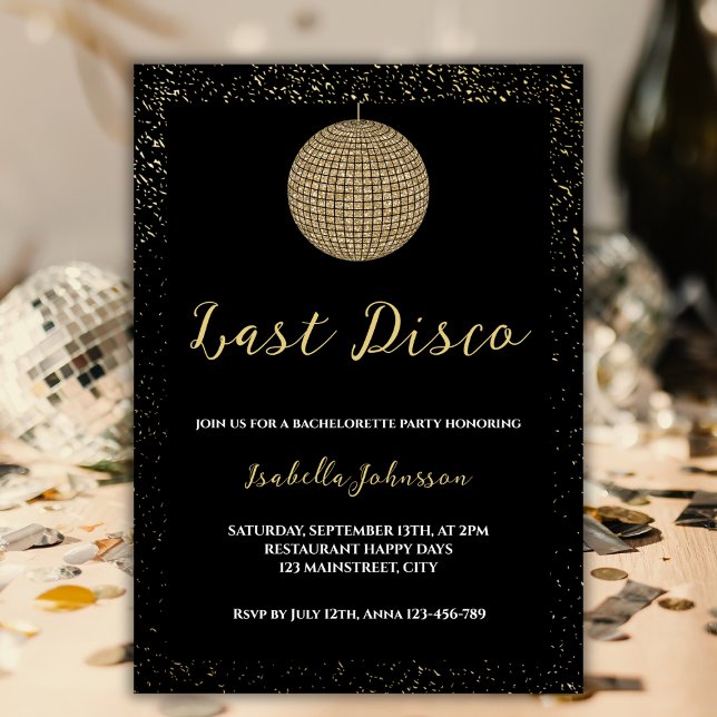 Invitation Dernière Parties scintillant d'or du boule de disc (last disco bachelorette party invitation black golden glitter disco ball retro)
