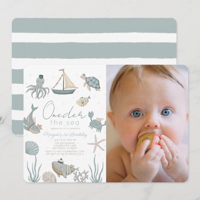 Invitation Derrière la mer Créatures Bleu 1er anniversaire Ph (Devant / Derrière)