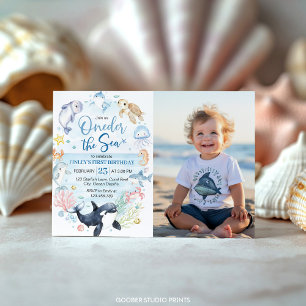 Invitation Derrière L'Océan Marin Animaux Photo Anniversaire 