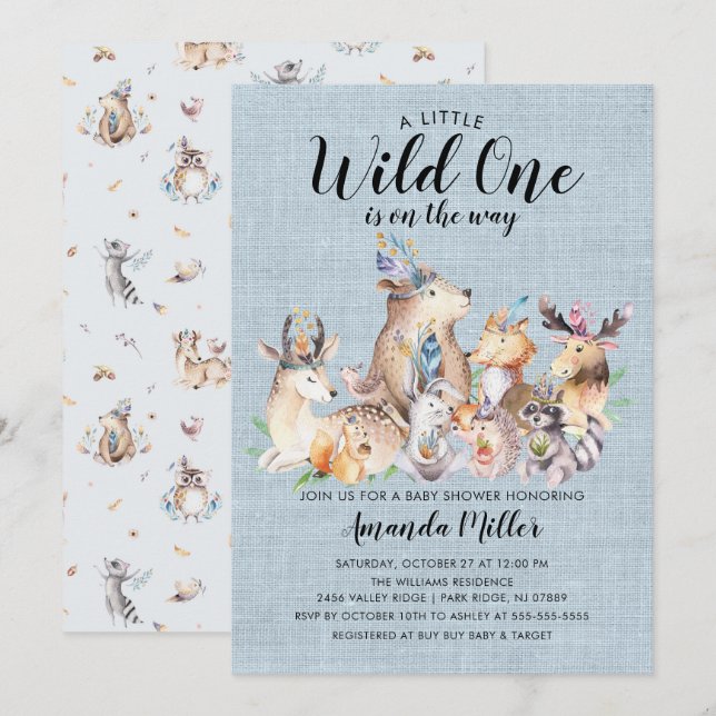 Invitation Des amis boisés rustiques Wild One Baby shower (Devant / Derrière)