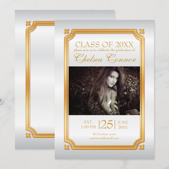 Invitation des diplômés en satin blanc et en or (Devant / Derrière)