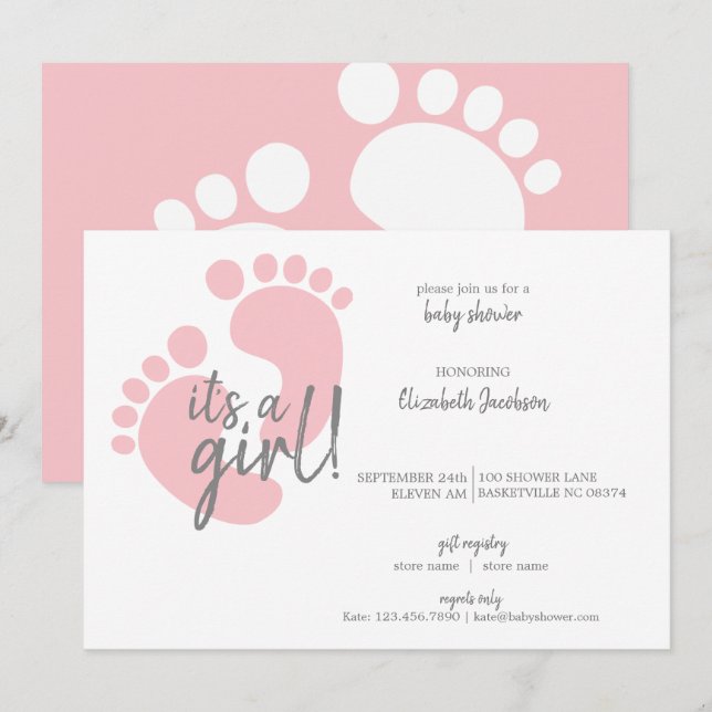 Invitation Des empreintes roses mignonnes C'est un Baby showe (Devant / Derrière)