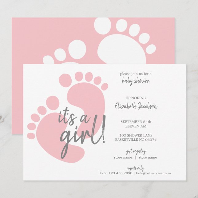 Invitation Des empreintes roses mignonnes C'est un Baby showe (Devant / Derrière)