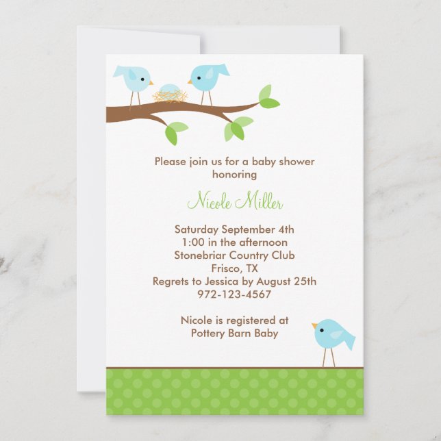 Invitation des oiseaux bleus et des Baby showers d (Devant)